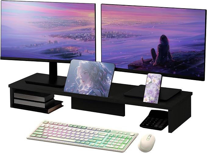 Dual Monitor Stand Riser with Phone Tablet Holder, 35.8in Large Monitor Stand by Qupui