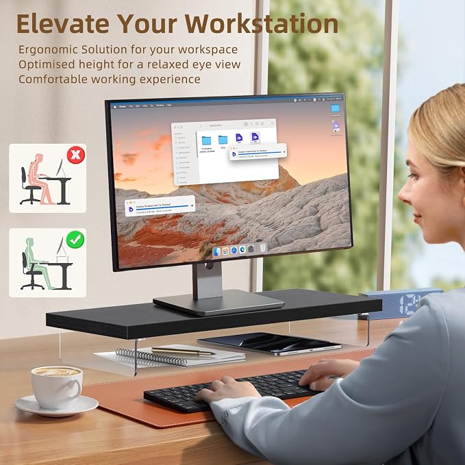 SSWOOD Dual Monitor Stand Riser, Wooden Desktop Organizer Shelf - Image 5