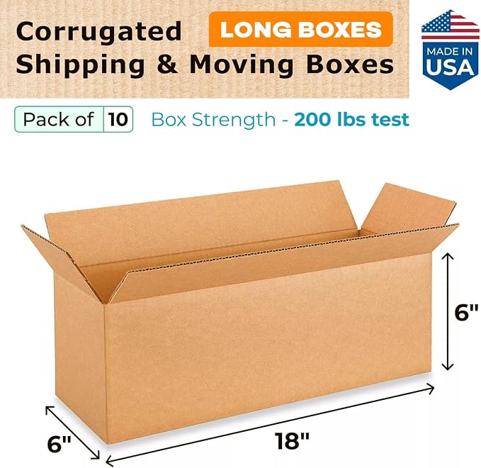 IDL Packaging - B-1866-10 Long Corrugated Shipping Boxes 18"L x 6”W x 6"H - - Image 2