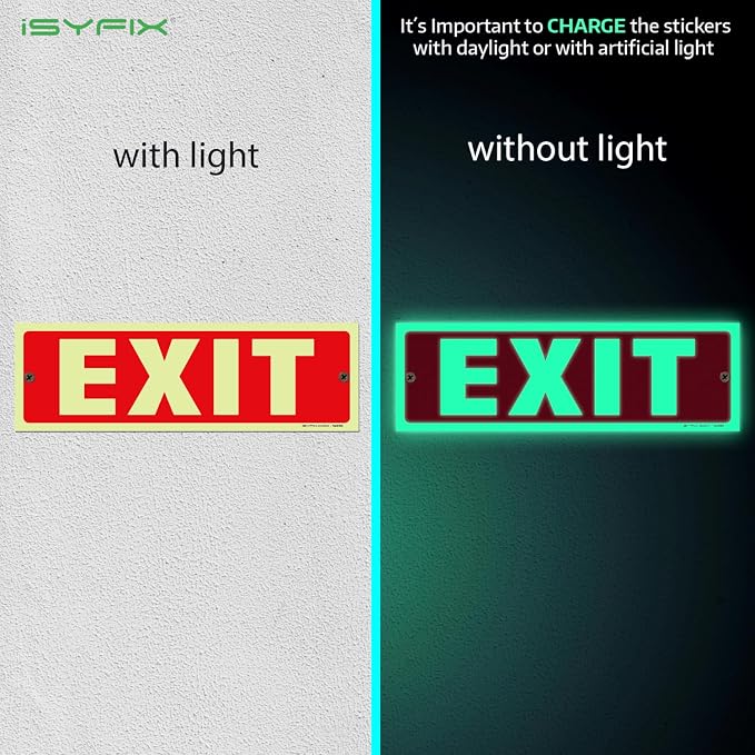 iSYFIX Exit Glow in the Dark Sign – 6 Pack 12x4 Inch – 40 mil Thick Polystyrene - Image 2
