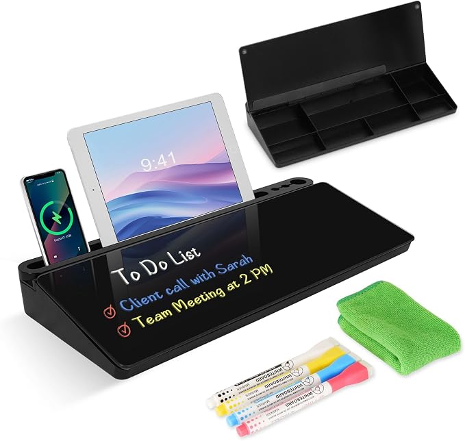 Desktop Glass Whiteboard with Storage, Desk Board with Computer Keyboard Stand by WALGLASS