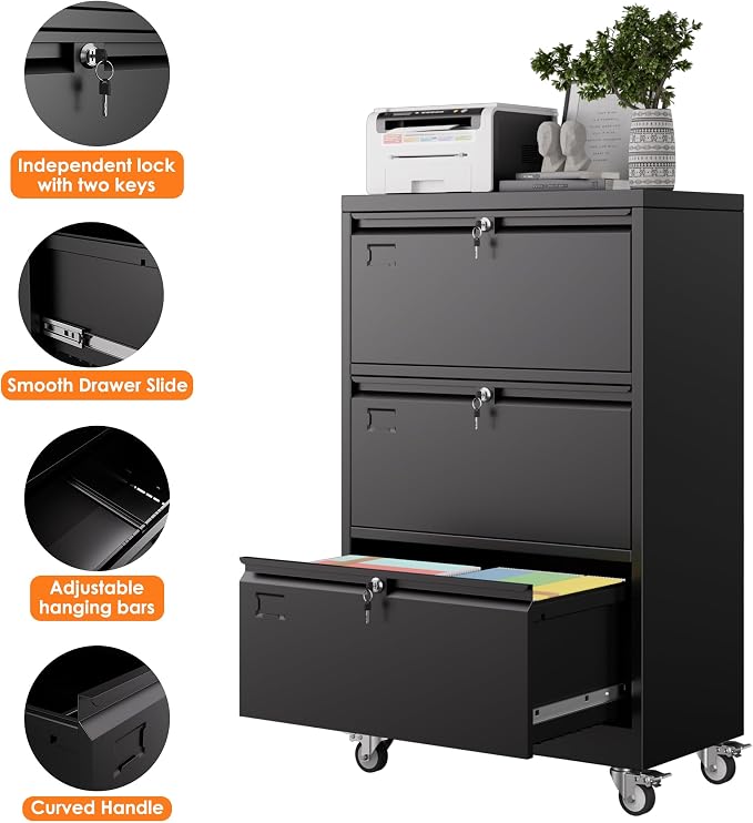 METAN Upgrade 3 Drawers Lateral File Cabinet on Wheels, Steel Office Filing - Image 5