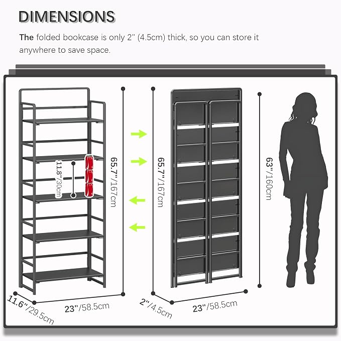 4NM No Assembly 5 Tiers Folding Bookshelf Storage Shelves Vintage Bookcase - Image 2