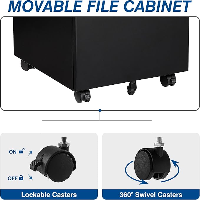 Fesbos 3 Drawer Vertical File Cabinet, Mobile Filling Cabinets - Image 6