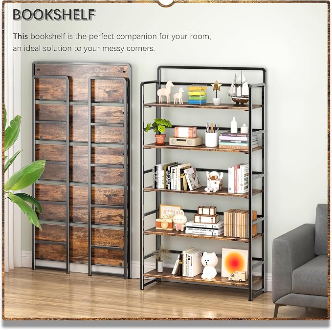 4NM No Assembly Extra Wide 5 Tiers Folding Bookshelf Storage Shelves Vintage - Image 3