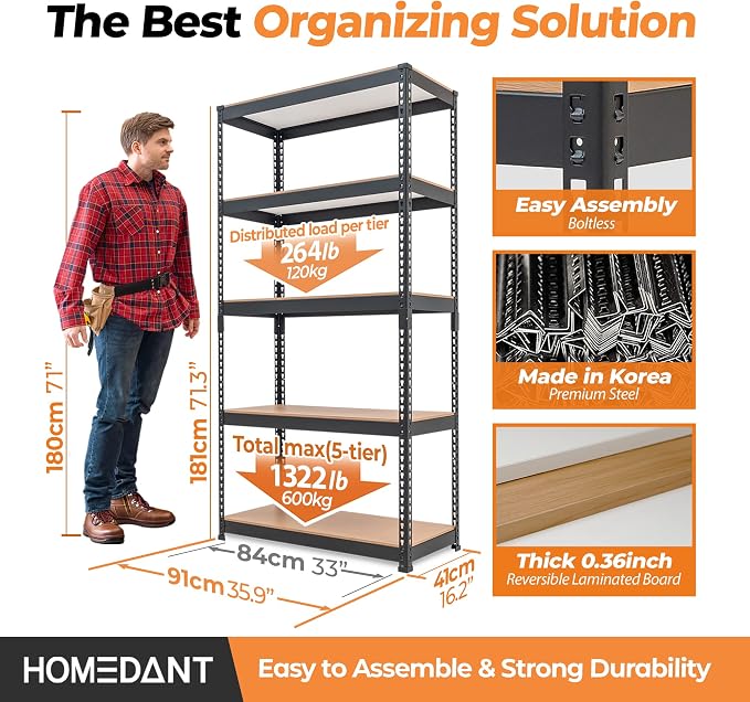 HOMEDANT 35.9" W 5 Tier Heavy Duty Garage Shelving Adjustable Metal Rack - Image 2