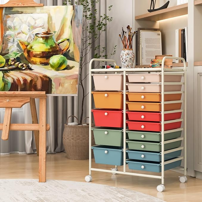 COSTWAY 15 Drawers Storage Cart, Mobile Tools Scrapbook Paper Organizer Cart - Image 7
