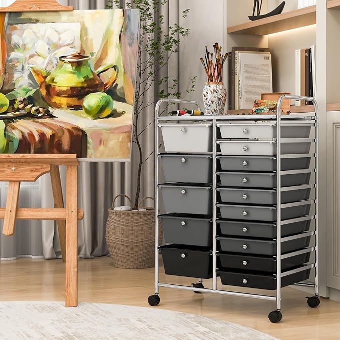 COSTWAY 15 Drawers Storage Cart, Mobile Tools Scrapbook Paper Organizer Cart - Image 7