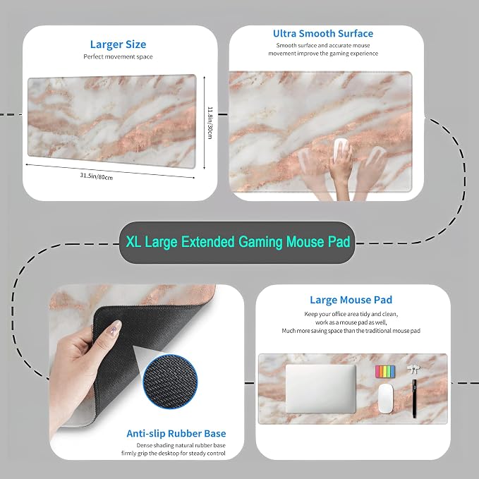 Cute Desk Mat Rose Gold Marble Mouse Pad Gaming XL Large Extended Desk Matt - Image 4