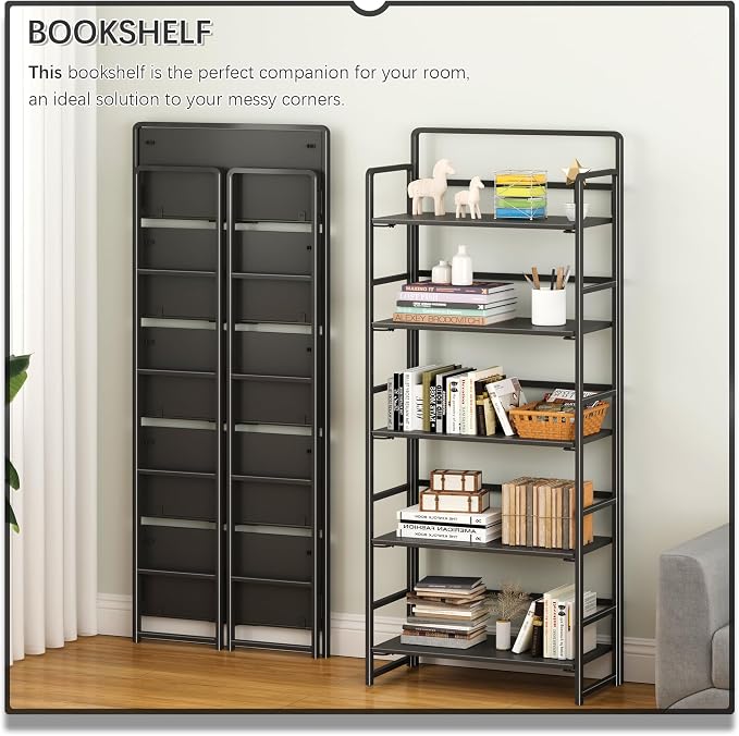 4NM No Assembly 5 Tiers Folding Bookshelf Storage Shelves Vintage Bookcase - Image 3