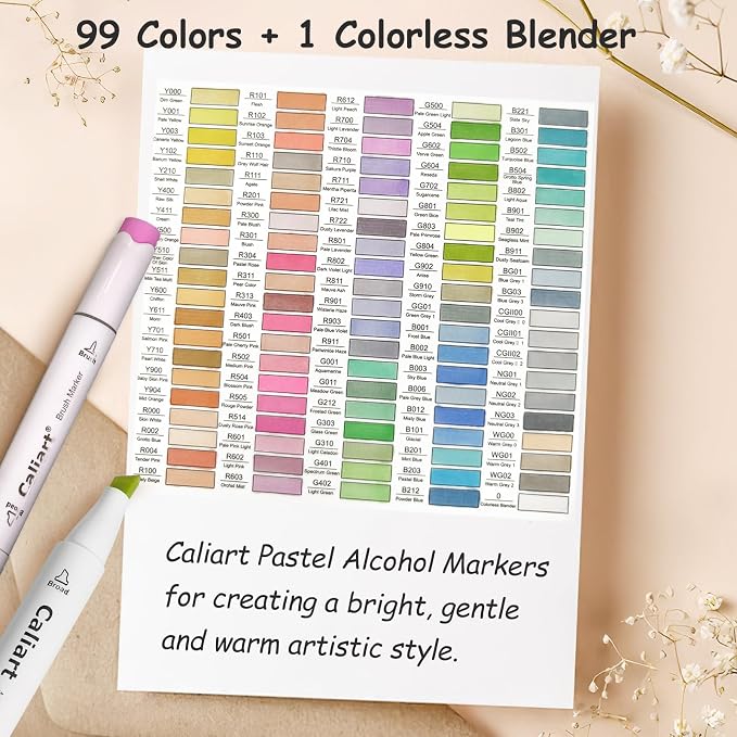 Caliart Pastel Alcohol Markers Brush Tip, 100 Colors Dual Tip Coloring Marker - Image 3