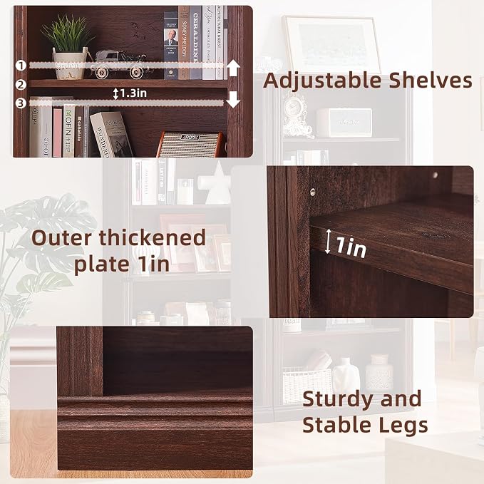 RWYHG 70" Walnut Tall Bookshelf Set of 2, 5-Tier Thick Wooden Book Shelf - Image 5