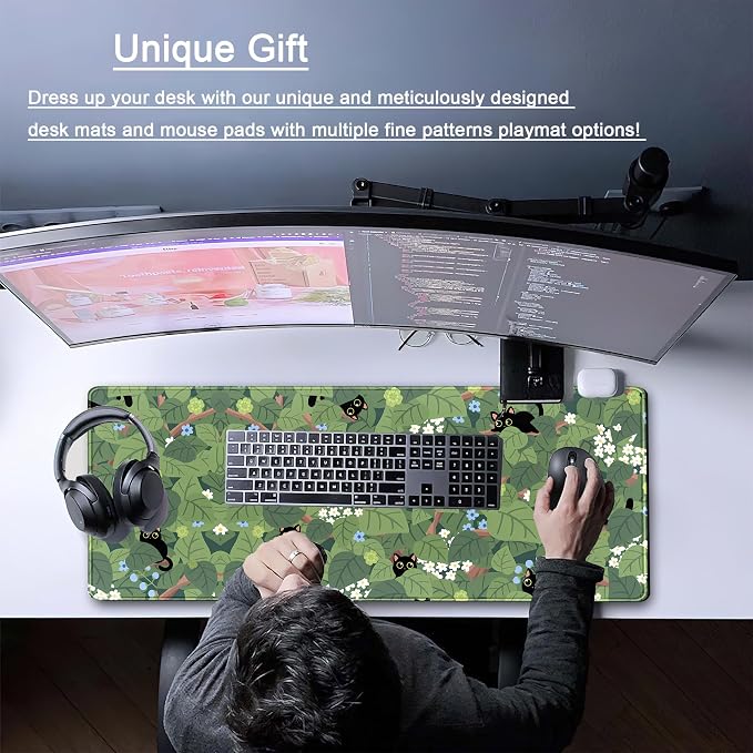 Green Mousepad Desk Mat Cute Anime Black Cat Kawaii Mouse Pad Gaming XL Large - Image 2