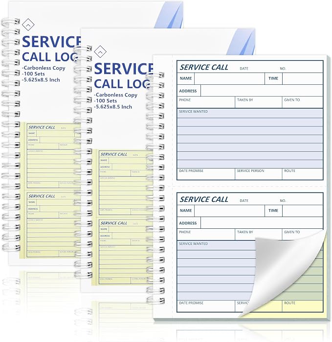 300 Sets Service Call Log Book 5 5/8 x 8 1/2" 2 Part Carbonless 2 Message Sets by Unknown