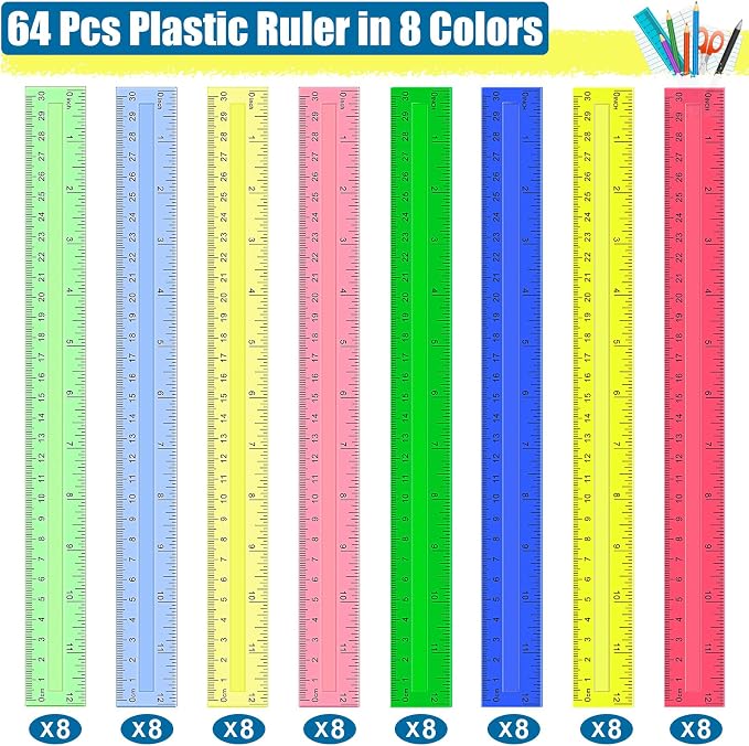 Ruler, 64 Packs 12 Inch Clear Plastic Assorted Color Metric Bulk Rulers - Image 2