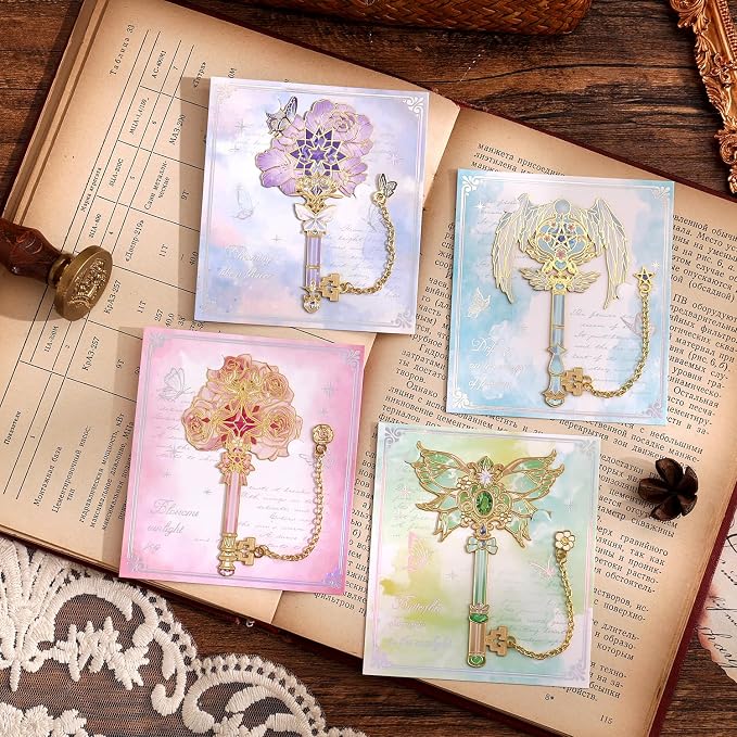 4pcs Metal Bookmarks Set for Reading Women and Men, Enchanted Floral Wing Key - Image 4