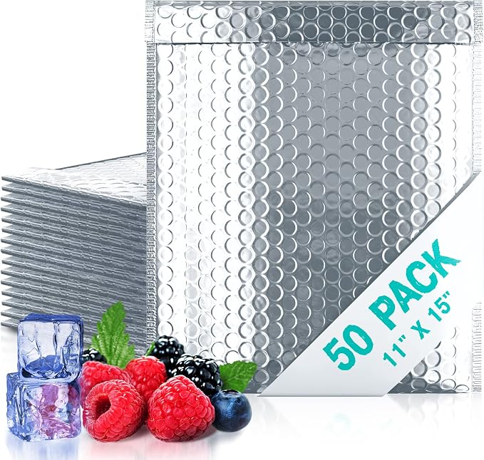 Amiff Silver Thermal Bubble Mailer, 11 x 15 Inches. 50 Pack Metallic Bubble by AMIFF