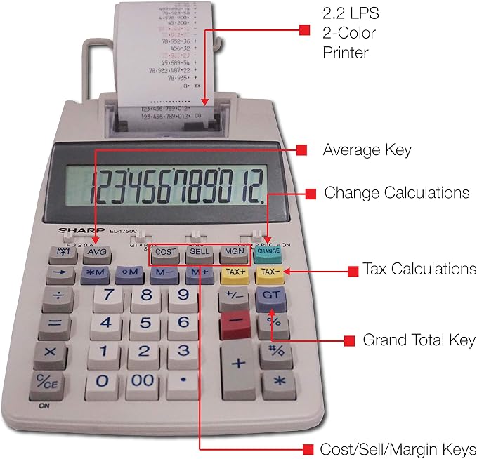Sharp EL-1750V Two-Color Printing Calculator 2 Lines/Sec 3" Black/Red - Image 3
