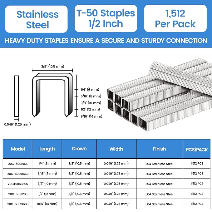 meite T-50 Heavy Duty Staples Marine, 1/2 Inch 304 Stainless Steel Staples - Image 2