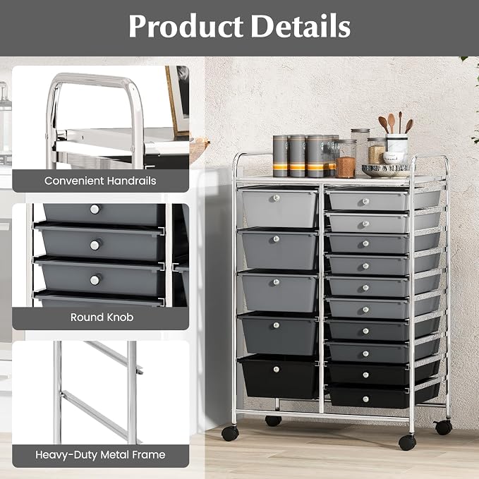 COSTWAY 15 Drawers Storage Cart, Mobile Tools Scrapbook Paper Organizer Cart - Image 6