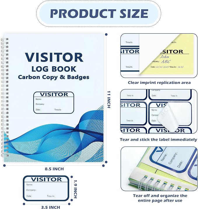 1 Pack Visitor Badges with Carbon Copy Visitor Stickers Letter Size Visitor Log - Image 2