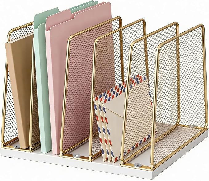 LEKETREE Gold Desk File Organizer, 5-Section Upright File Sorter, Vertical File by RefinedOfficeEasyManagemen