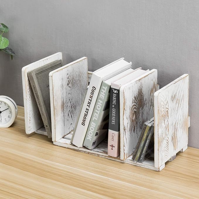 MyGift Rustic Expandable Whitewashed Wood Desktop Bookshelf/Adjustable Tabletop - Image 6