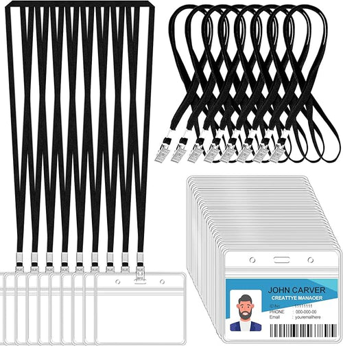 100 Pcs Clear Horizontal Badge Id Card and 100 Pcs Lanyard, Reusable Lanyards by Orcielo