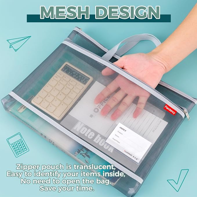 Pendancy Mesh Zipper Pouch A4 Size, Large Double Pocket Lightweight Nylon - Image 4