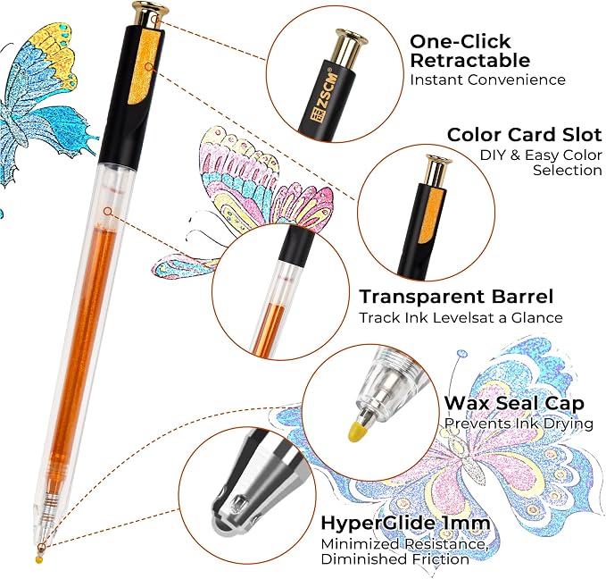 ZSCM Retractable Super Glitter Gel Pens, 12 Colors Large Capacity Metallic - Image 2