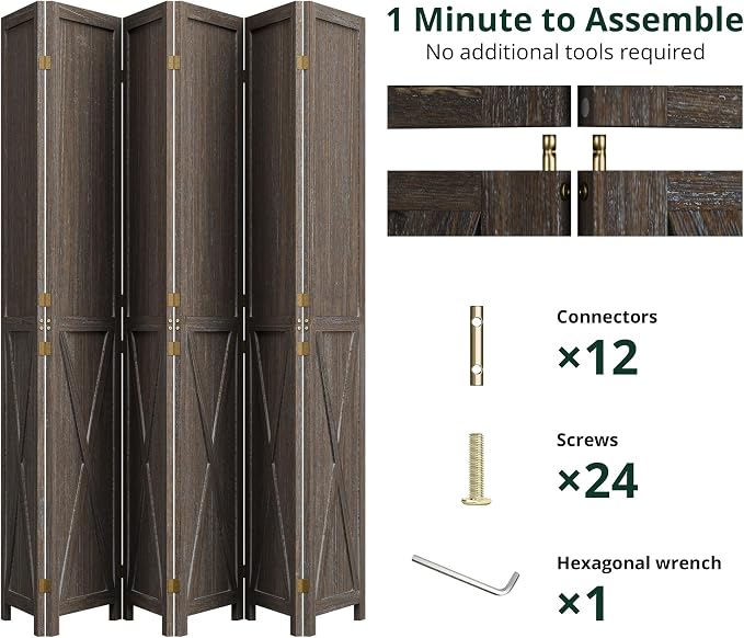 Cozy Castle Wood Room Divider, 6 Panels Folding Privacy Screen, 66.9'' Wall - Image 4