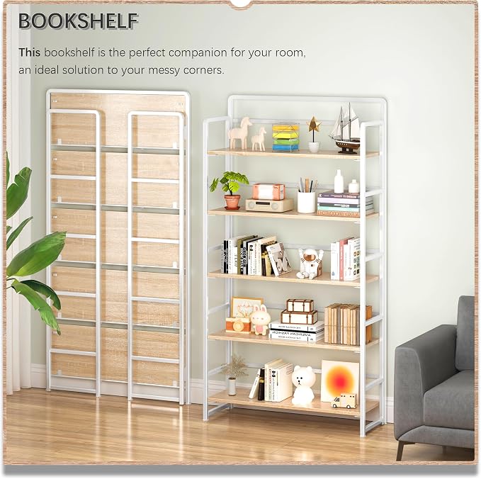 4NM No Assembly Extra Wide 5 Tiers Folding Bookshelf Storage Shelves Vintage - Image 3