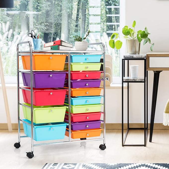 COSTWAY 15 Drawer Rolling Storage Cart, Utility Tools Paper Organizer on Wheels - Image 2