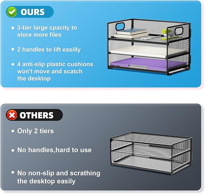 Marbrasse 3 Tier Paper Organizer Letter Tray, Mesh File Organizer - Image 2