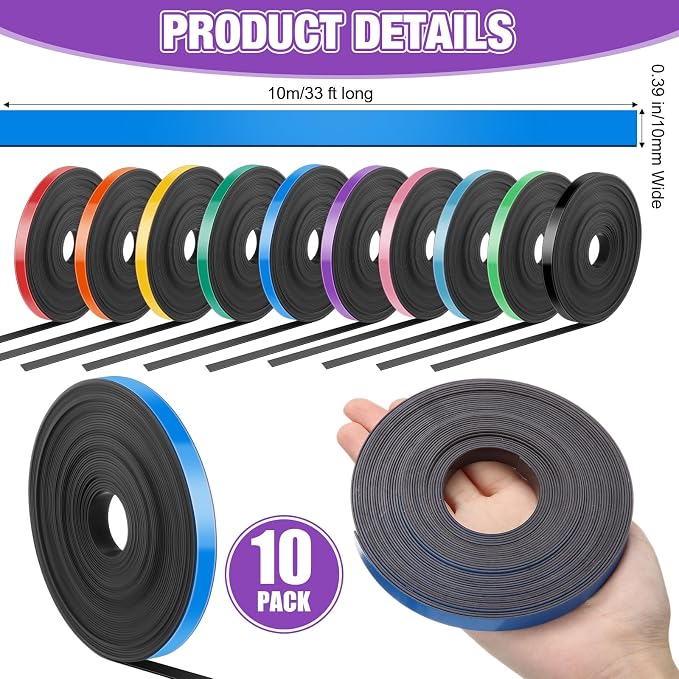 Saypacck 10 Rolls Whiteboard Magnetic Strips Roll Thin Strips 0.39 in x 16.4 ft - Image 2