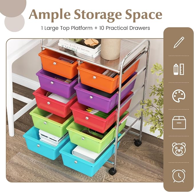 GOFLAME 10-Drawer Rolling Storage Cart, Art Craft Storage Organizer on Wheels - Image 4