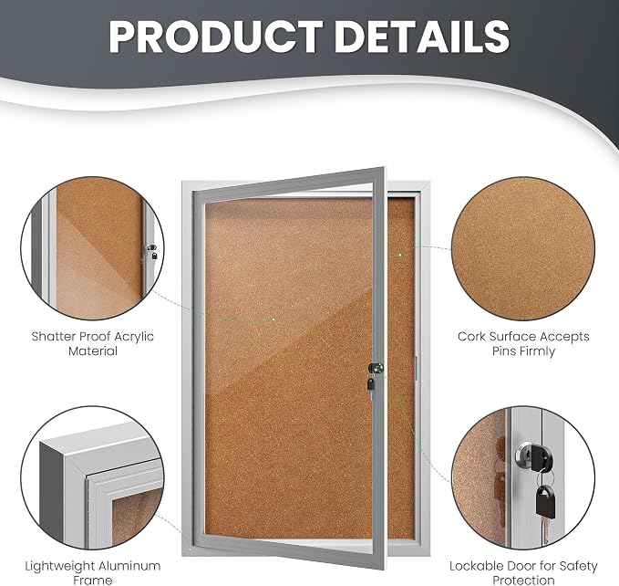 36"x24" Lockable Enclosed Bulletin Board, Outdoor Cork Weather-Resistant - Image 5
