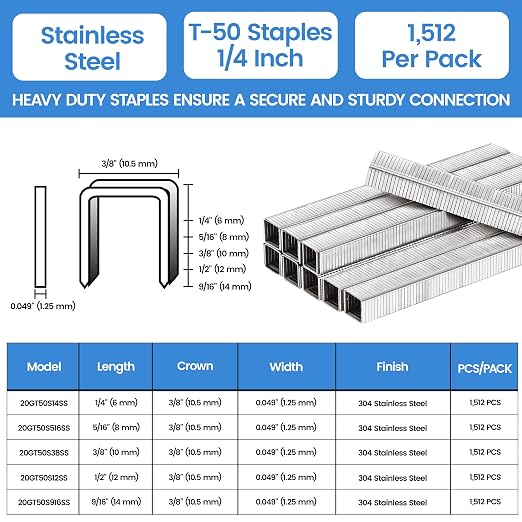 meite T-50 Heavy Duty Staples Marine, 1/4 Inch 304 Stainless Steel Staples - Image 2