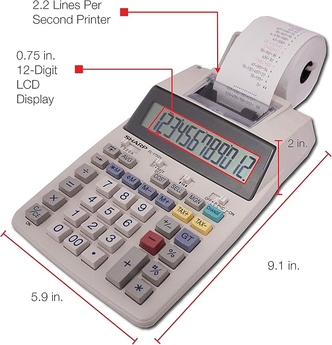 Sharp EL-1750V Two-Color Printing Calculator 2 Lines/Sec 3" Black/Red - Image 4