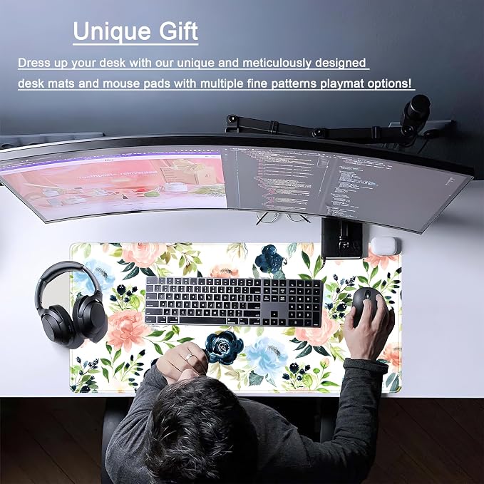 Pink Blue Floral Desk Mat Mousepad Cute Flowers Mouse Pad Gaming XL Large - Image 2