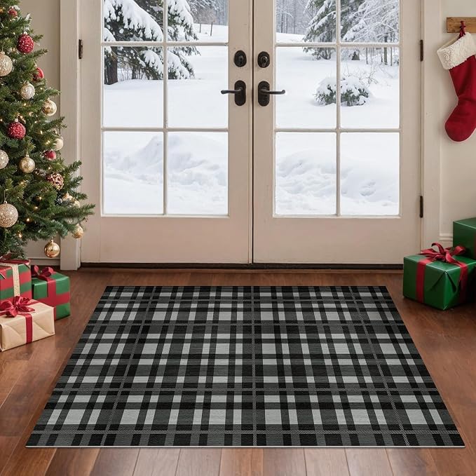 GENIMO Checkered Rug 27.5x44 inches Black and White Fine Plaid Outdoor Rug by GENIMO