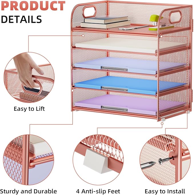 Marbrasse 5 Tier Paper Organizer Letter Tray, Mesh Desk File Organizer - Image 5