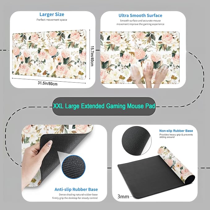 Desk Mat Pink Floral Desk Pad Cute Flowers Mouse Pad Gaming XL Large Mousepad - Image 4