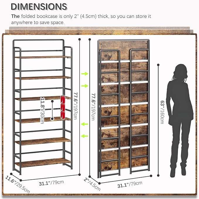 4NM No Assembly Extra Wide 6 Tiers Folding Bookshelf Storage Shelves Vintage - Image 2