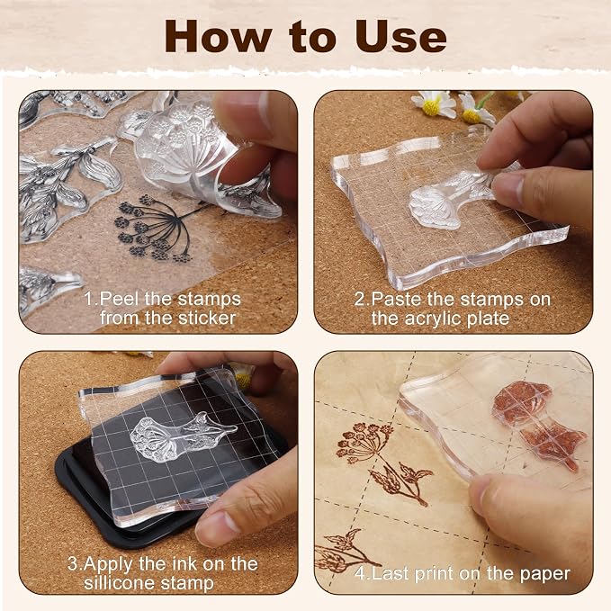 UCEC 4 Sheets Clear Stamps Set for Card Making and 2 Pcs Acrylic Stamp Block - Image 3