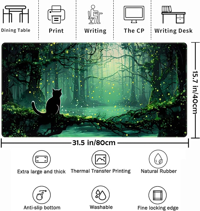 Kawaii Green Forest Desk Pad Mouse Pad Cute Black Cat Desk Mat, XXL Extended - Image 2