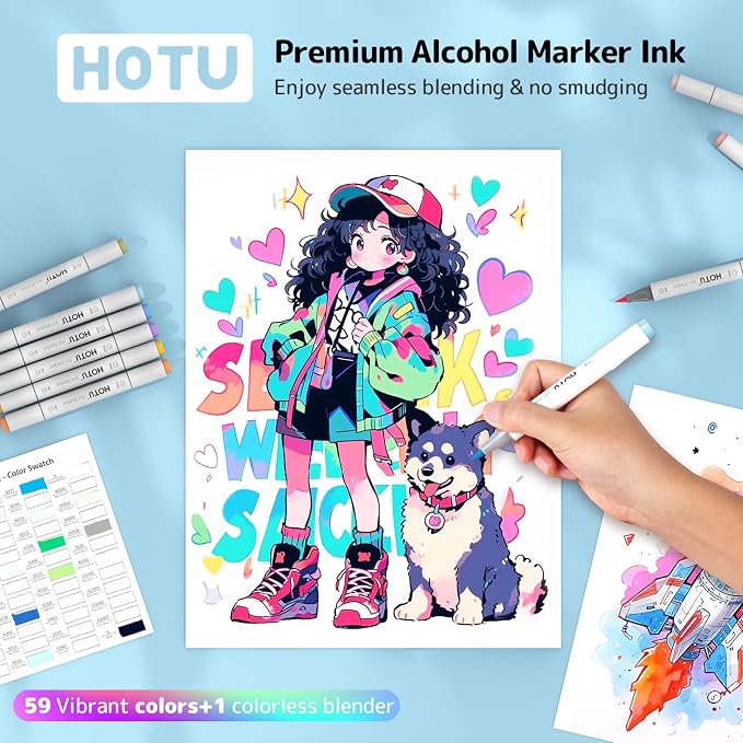 HOTU Alcohol Markers Brush Tip -60 Virant Colors Daul Tips Art Markers Set - Image 2