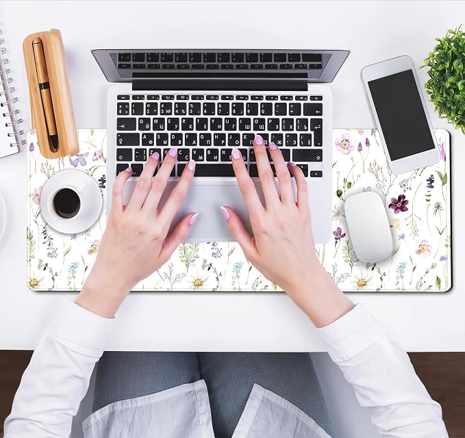 White Floral Desk Mat Cute Flowers Desk Pad Aesthetic Sage Mouse Pad XL Large - Image 5