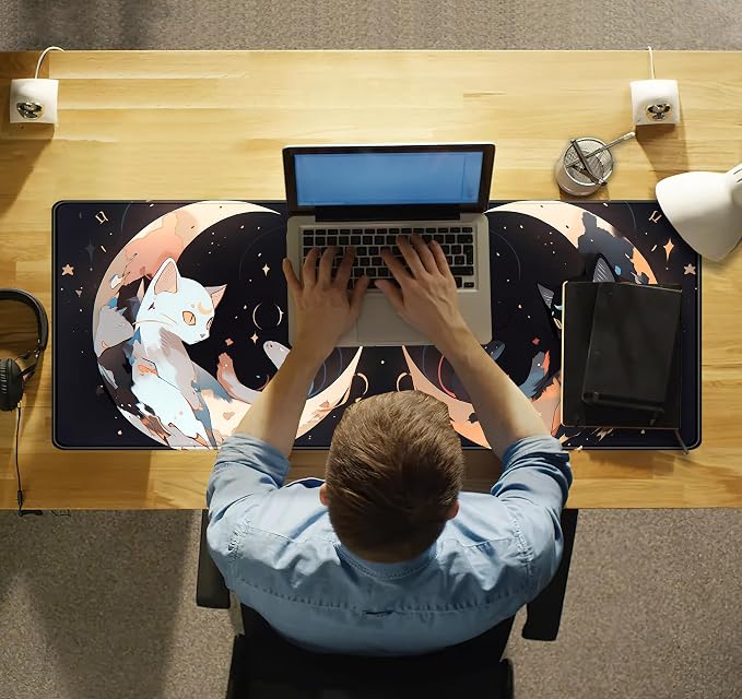 Cute Black White Cats Desk Mat Anime Cat Mouse Pad Kawaii Moon Desk Pad XL - Image 6
