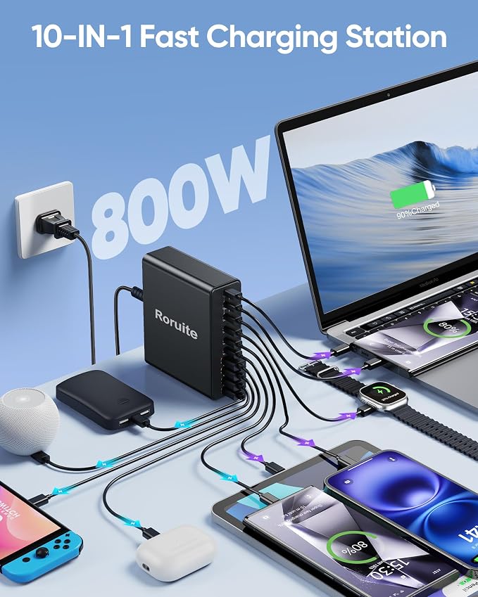 800W USB C Charging Station, 120W PD GaN5 Super Fast USB C Charger Block-10 Port - Image 2